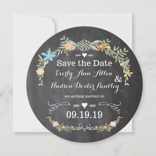Stans Chalkboard Koraal Roze Aqua Bloemenguirlande Save The Date (Voorkant)