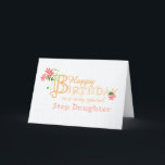 Stap Daughter Birthday met Clematis Flowers Kaart<br><div class="desc">Een elegante, minimalistische verjaardagskaart voor uw Stepdochter met gouden lettertjes en roze Clematis-bloemen en hun lange, struikelende stengels en bladeren. De cover groet is 'Happy Birthday to a very special Step Daughter' in gouden-effect letters met een overmaat letter 'B', verweven met een cluster van Clematis-bloemen en de lange plantjes en...</div>