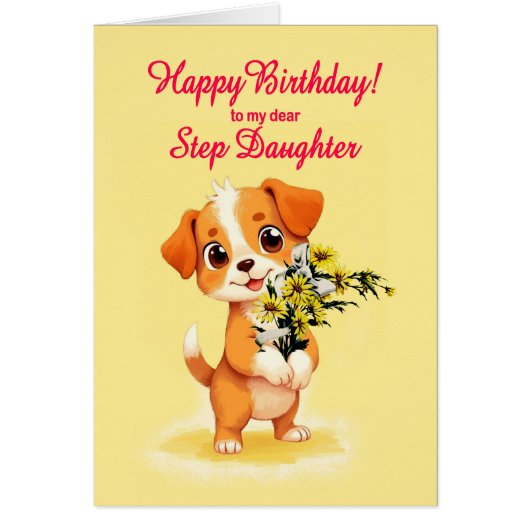 Stap Dochter Verjaardag Puppy en bloemen (Voorkant)