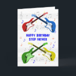 Stap Father Guitars Birthday Card Kaart<br><div class="desc">Een mooie verjaardagskaart voor een stapvader. Elektrische gitaarkleurige kunst met een muziekschaal op de achtergrond. Je kunt niet te veel gitaren hebben. Een heel coole gitaarverjaardagskaart, viert de energie en de pure lol van dit muziekinstrument. Een perfecte verjaardagskaart voor gitaristen en muziekliefhebbers.</div>