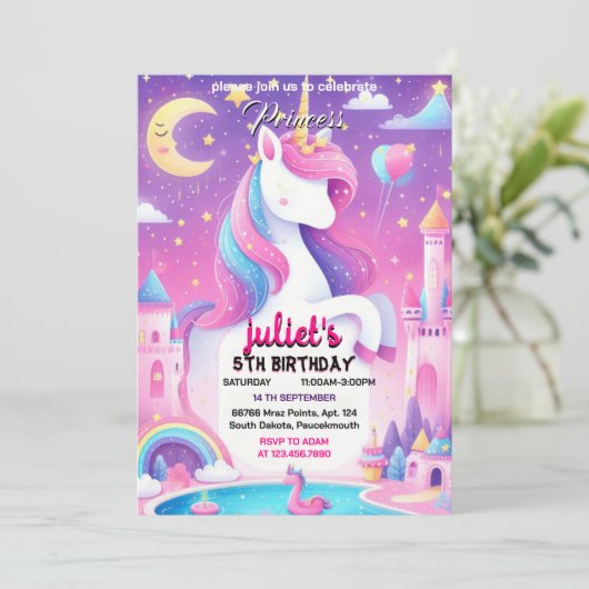 Stap girly schattig paarse roze eenhoorn 1e verjaa kaart (Staand voorkant)