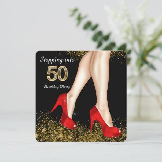 Stap in 50 verjaardagsfeestje rode schoenen kaart (Staand voorkant)