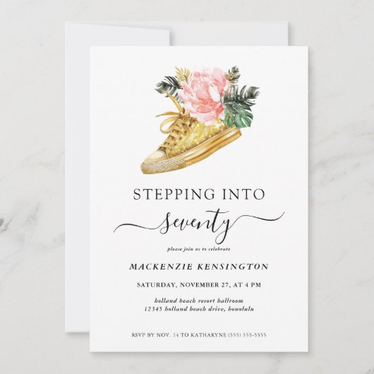 Stap in 70 Bloemen Gouden Schoen Verjaardag Kaart (Voorkant)