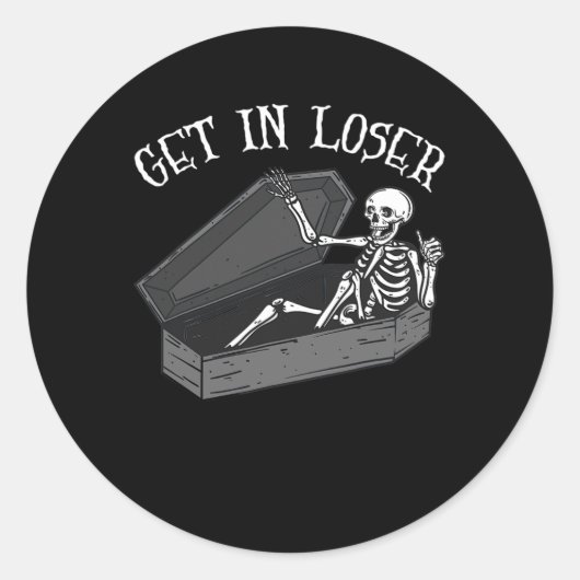 Stap in Loser Skelet in Coffin Halloween Fun Manne Ronde Sticker (Voorkant)