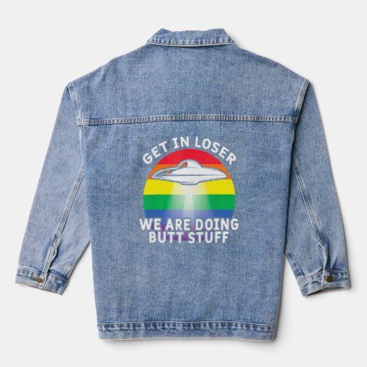 Stap in Loser Were Doing Butt Stuff Regenboog Vlag Denim Jacket (Achterkant)