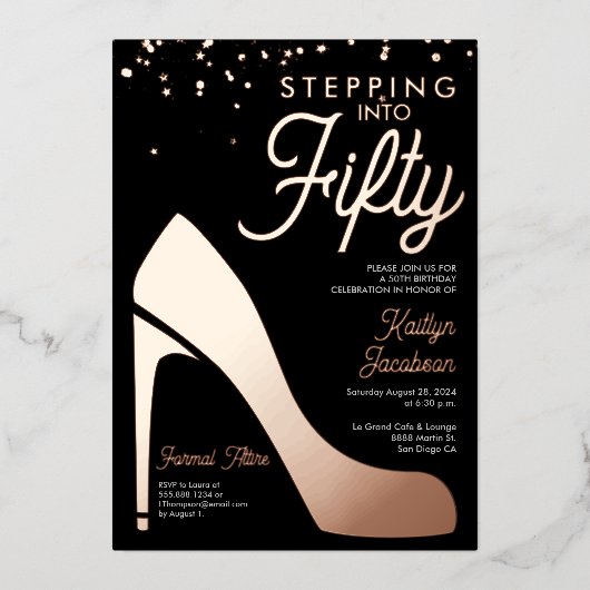 Stap in vijftig 50ste Verjaardagsfeestje Hoge hakk Folie Feestdagenkaart (Voorkant)