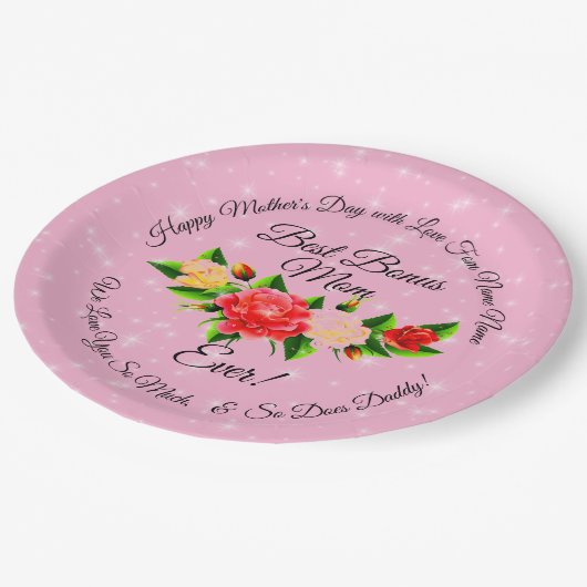 Stap Moeder Bonus Moeder Moeder Moederdag Groot 9" Papieren Bordje (Gekanteld)