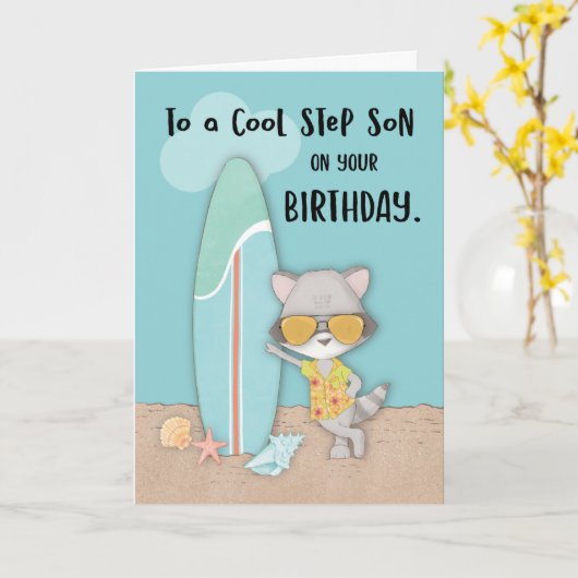 Stap Zoon Verjaardag Strand Grappig Cool Raccoon Kaart (Gele Bloem)