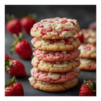 Stapel Aardbeiwitte Chocolade Chip Cookies Perfect Poster