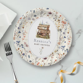 Stapel boeken baby shower aquarel, wilde bloem papieren bordje