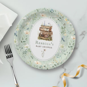 Stapel boeken baby shower aquarel, wilde bloem papieren bordje