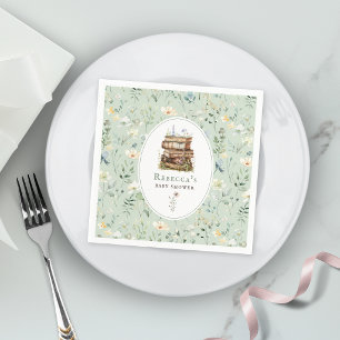 Stapel boeken baby shower aquarel, wilde bloem servet