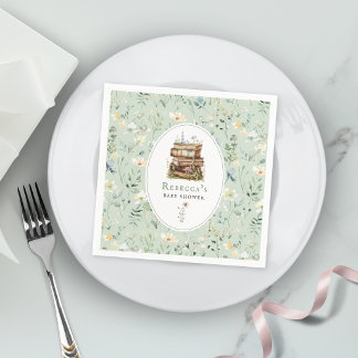 Stapel boeken baby shower aquarel, wilde bloem servet