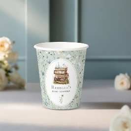 Stapel boeken baby shower waterverf, wilde bloem papieren bekers