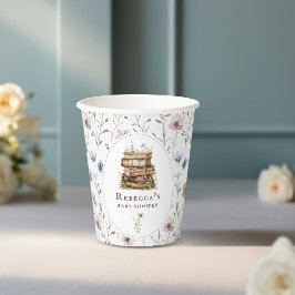 Stapel boeken baby shower waterverf, wilde bloem papieren bekers