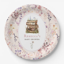 Stapel boeken baby shower waterverf, wilde bloem papieren bordje