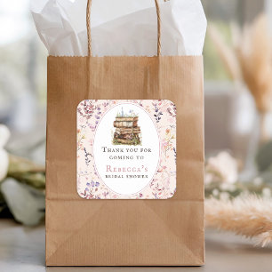 Stapel boeken bruidsfeest waterverf wilde bloem vierkante sticker