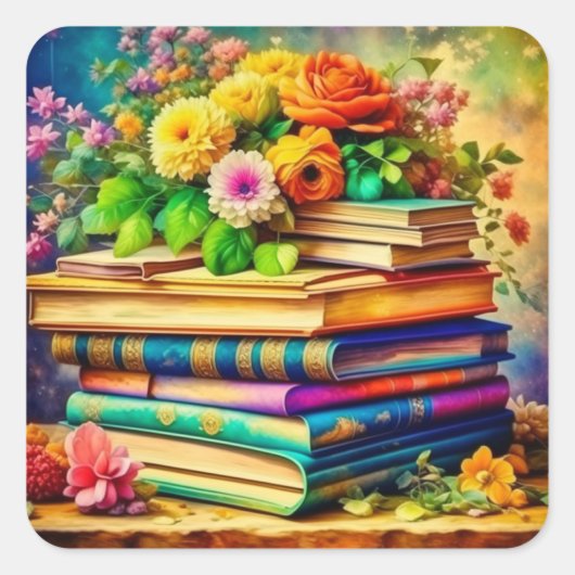 Stapel  boeken en  bloemen vierkante sticker (Voorkant)