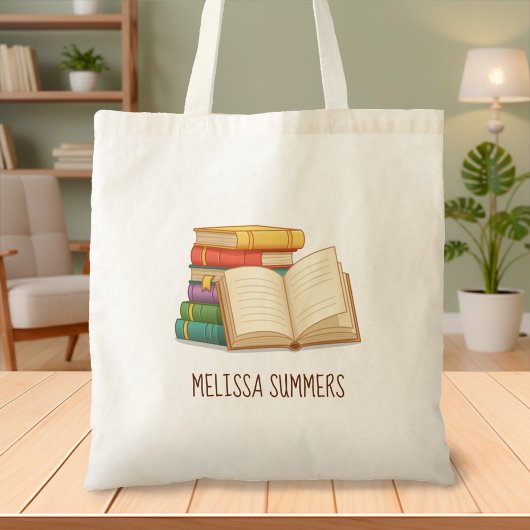 Stapel boeken en open boek aangepaste naam tote bag