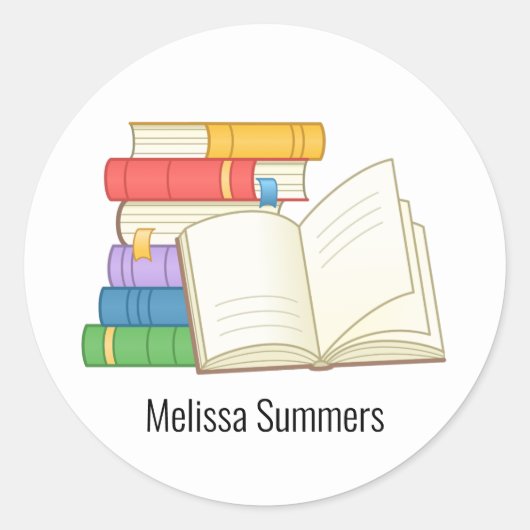 Stapel boeken en open boek ronde sticker (Voorkant)