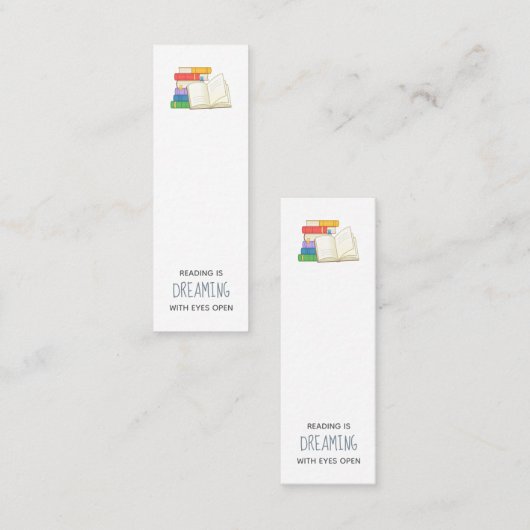 Stapel boeken en open boekenprijsopgave mini visitekaartje (Voorkant / Achterkant)