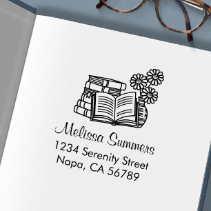 Stapel boeken, geopend boek, bloemen - Adres Zelfinktende Stempel