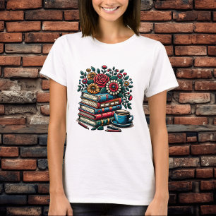 Stapel  boeken, koffie en bloemen t-shirt