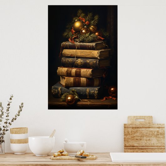  Stapel Boeken Met Kerstmisdecoratie Poster (Keuken)