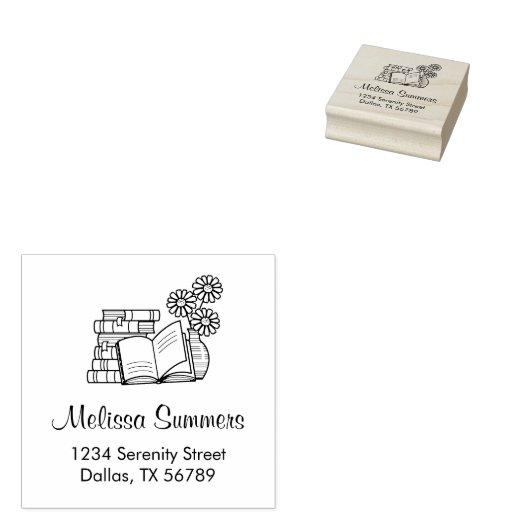 Stapel Boeken, Open Boek, Bloemen Adres Rubberstempel (Gestempeld)
