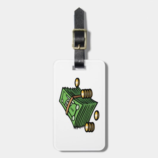 Stapel geld met munten geld bagagelabel (Voorkant verticaal)