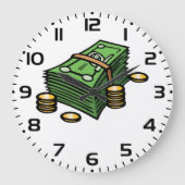 Stapel geld met munten geld grote klok (Voorkant)