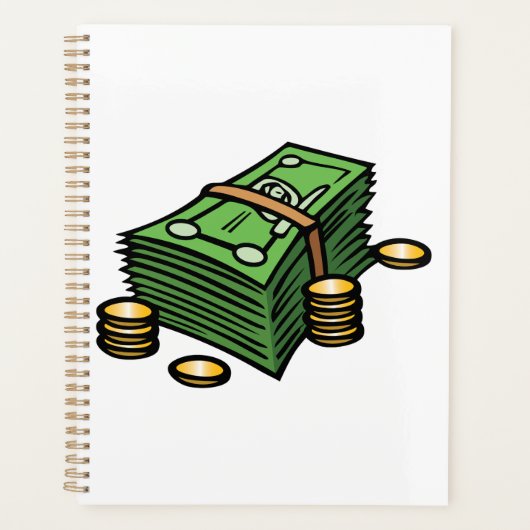 Stapel geld met munten geld planner (Voorkant)