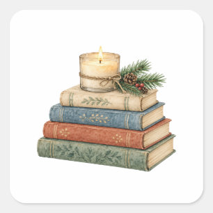 Stapel gezellige boeken met kaars en dennenboom vierkante sticker