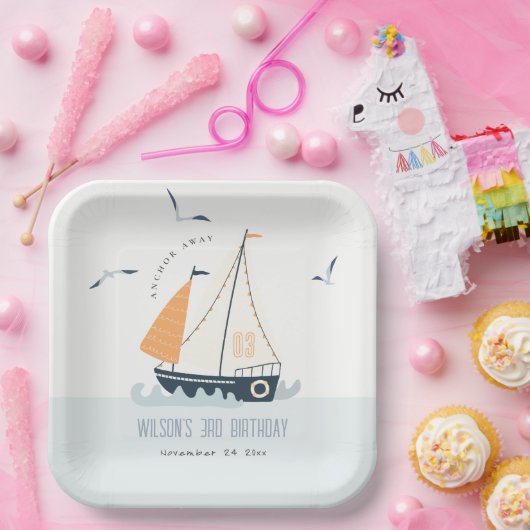 Stapel met blauwe zeilboot papieren bordje (Feest)