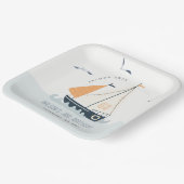 Stapel met blauwe zeilboot papieren bordje (Gebogen)