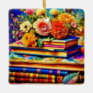 Stapel oude boeken en bloemen keramisch ornament
