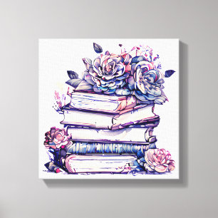 Stapel oude  boeken met Rozen op de top Canvas Afdruk