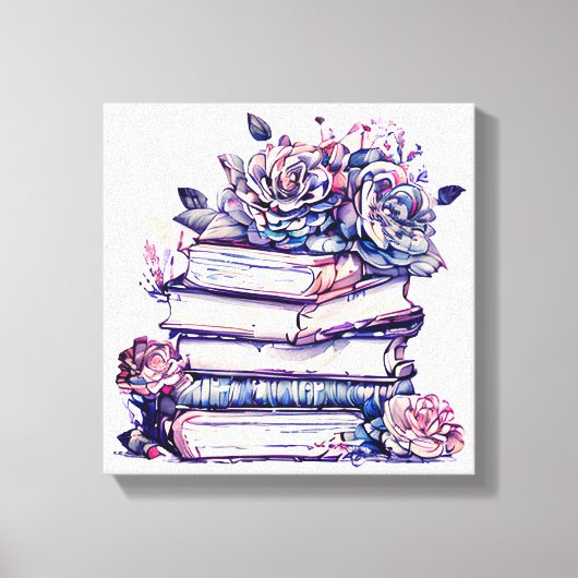 Stapel oude  boeken met Rozen op de top Canvas Afdruk (Voorkant)