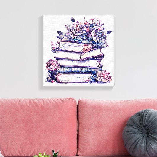 Stapel oude  boeken met Rozen op de top Canvas Afdruk (Insitu (Woonkamer))