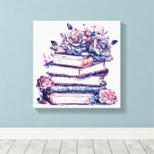 Stapel oude  boeken met Rozen op de top Canvas Afdruk (Insitu (Houten vloer))