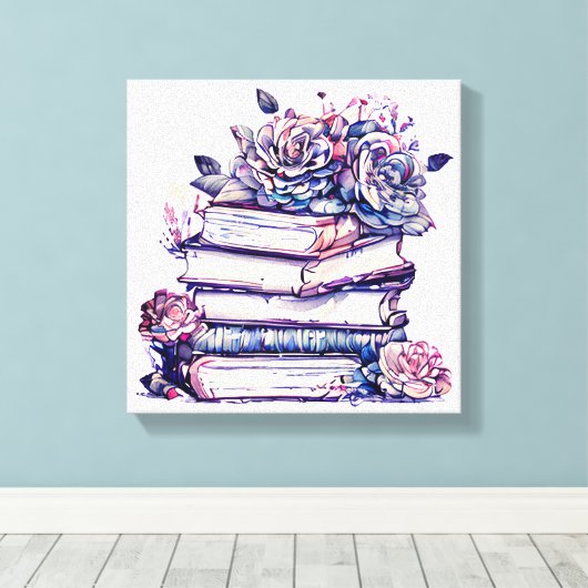 Stapel oude  boeken met Rozen op de top Canvas Afdruk (Insitu (Houten vloer))