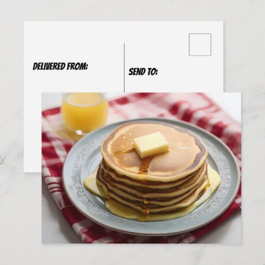 Stapel pannenkoeken op bord bedekt met siroop briefkaart (Voorkant / Achterkant)