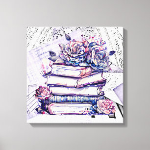 Stapel van Antiek boeken, bloemen en muzieknoten Canvas Afdruk