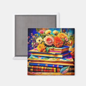 Stapel van  boeken en bloemen magneet (Voorkant / Achterkant)