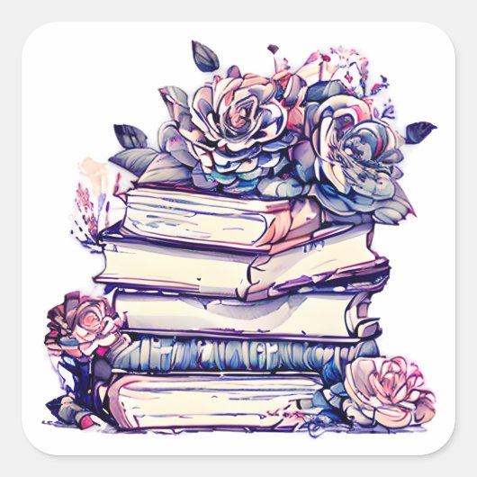 Stapel van Boeken en Rozen Vierkante Sticker (Voorkant)