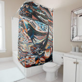 Stapel van bruine en blauwe houten bootplank douchegordijn (In situ)