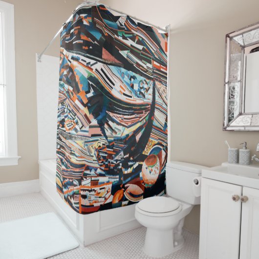 Stapel van bruine en blauwe houten bootplank douchegordijn (In situ)