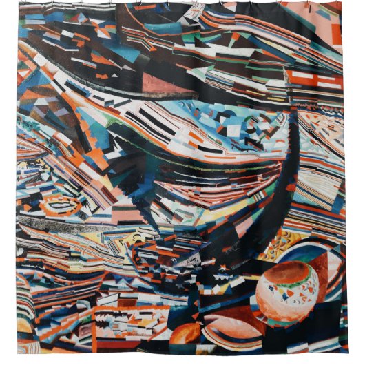 Stapel van bruine en blauwe houten bootplank douchegordijn (Voorkant)