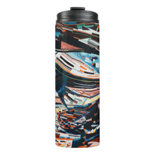 Stapel van bruine en blauwe houten bootplank thermosbeker