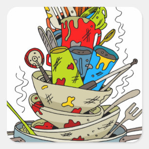 Stapel van Dirty Dishes Cartoon Vierkante Sticker